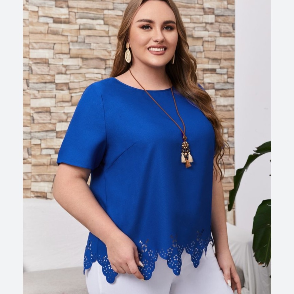PIXLEY Waldorf Blue Laser Cut Hem Short Sleeve Blouse Size M NWOT
